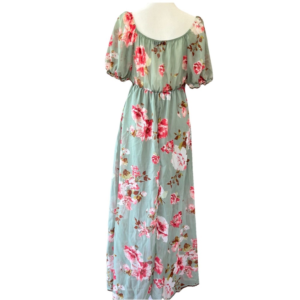 Dream of Me Flowy Romantic Maxi Dress Women's M Cottage Green with Pink Roses - Picture 5 of 8